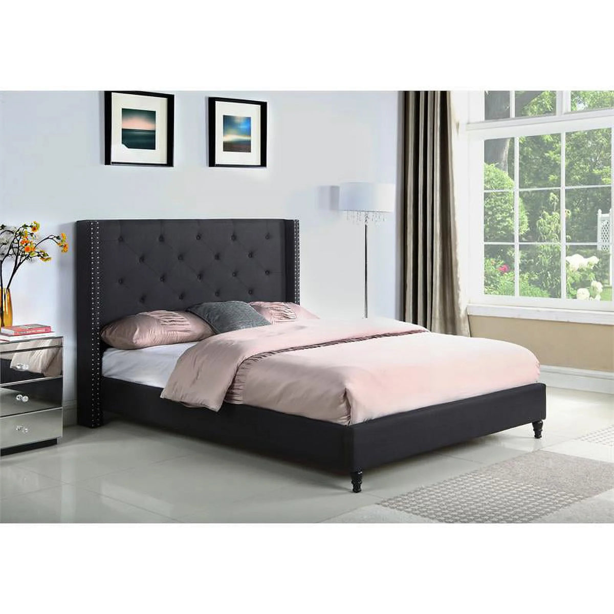 Black Fabric Upholstered Wingback King Platform Bed I204