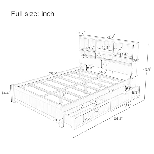White Wood Twin Bed Frame with Bookcase Headboard and Storage Drawers Q14835
