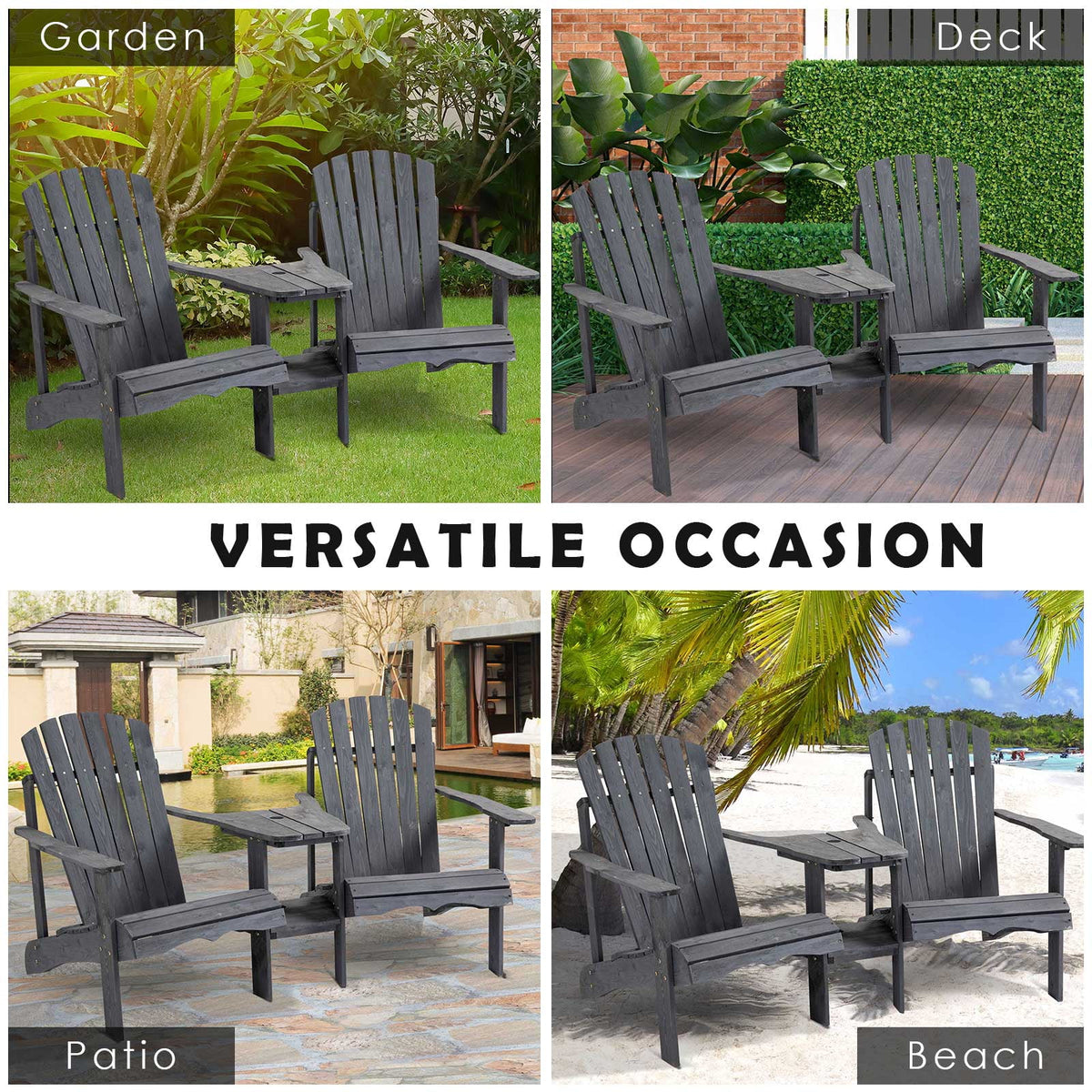 Grey 2 Wood Adirondack Chairs with Center Table V622
