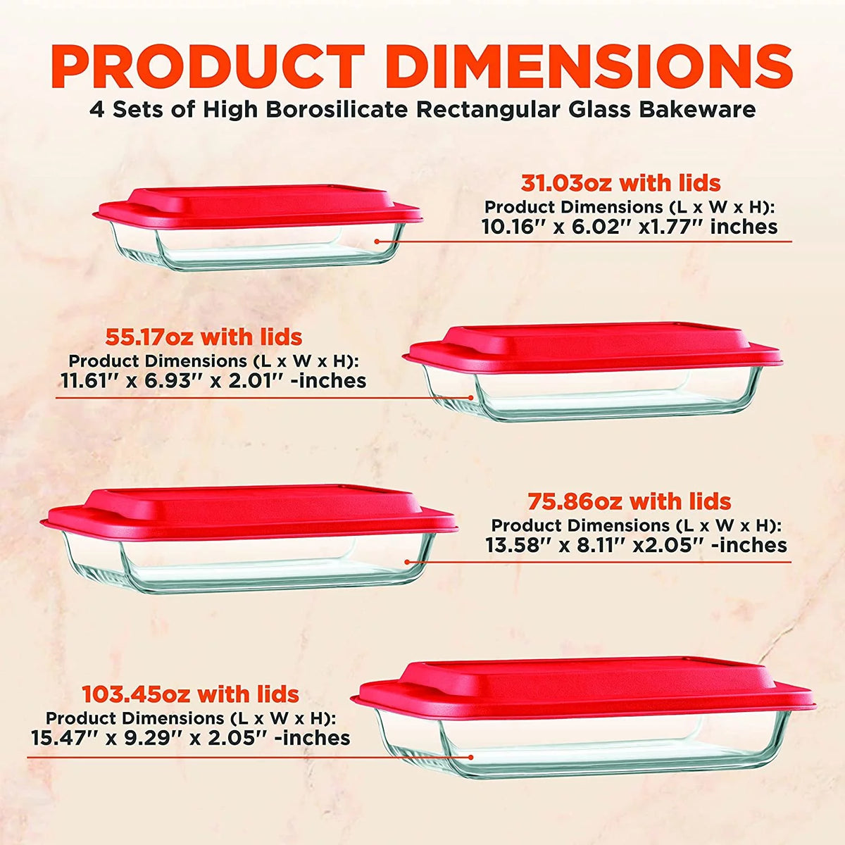 Rectangular Glass Bakeware Set 4 Sets Red X796