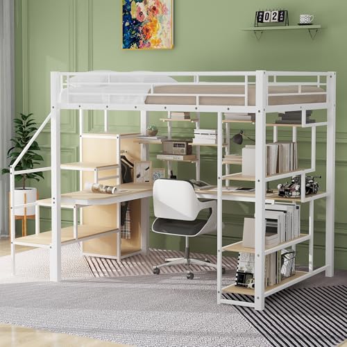 Full Size Black Metal Loft Bed with Desk, Wardrobe and Storage Stairs D915102