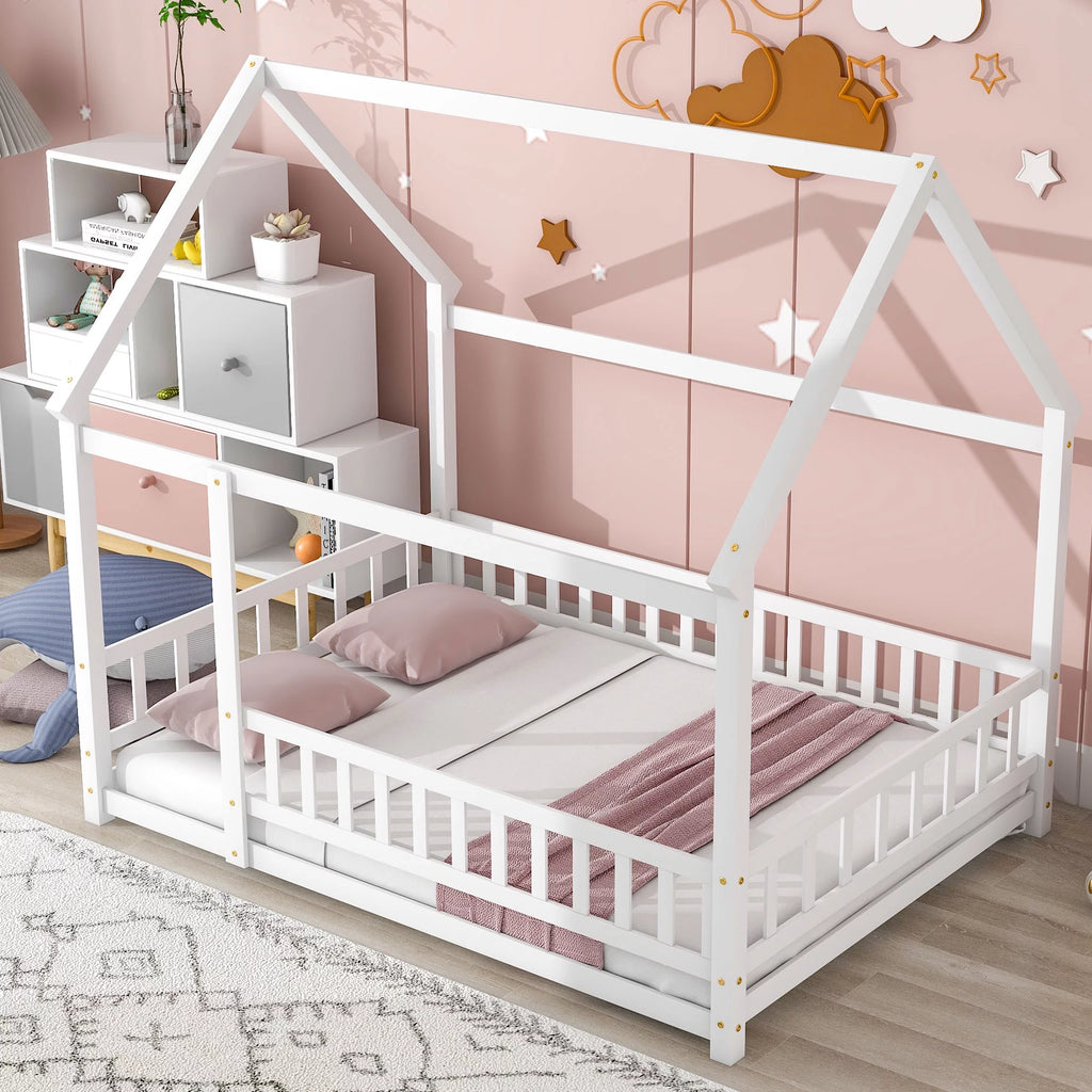 White Full Size Floor Bed with Fence Guardrails and Roof L95619