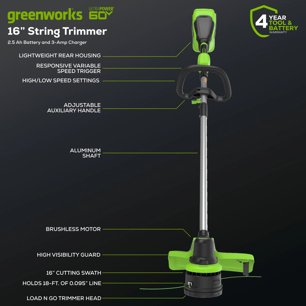 60V 16” Front Mount String Trimmer with 2.5 Ah Battery R782