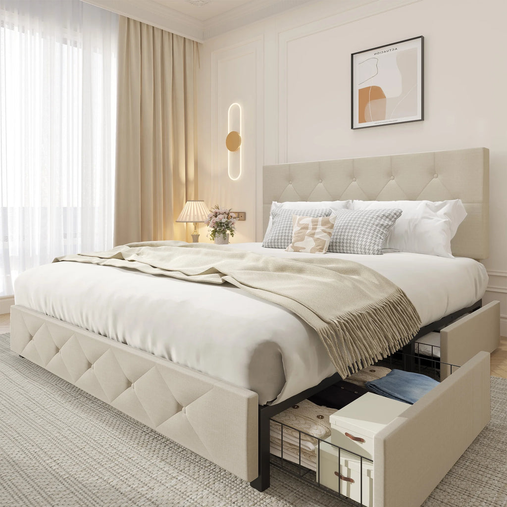 Queen Size Upholstered Storage Bed Frame with 4 Drawers C390907