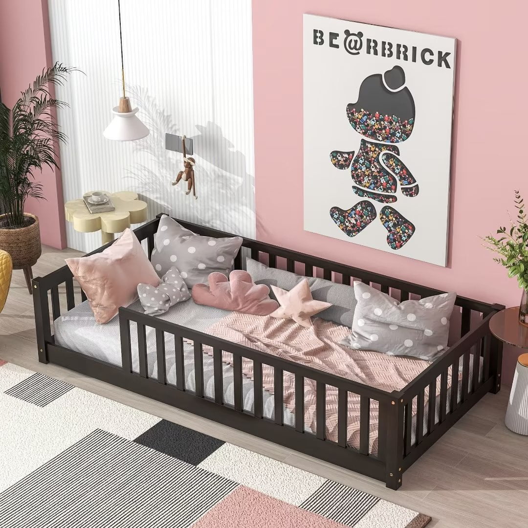 White Full Size Floor Bed with Fence Guardrails and Roof L95619