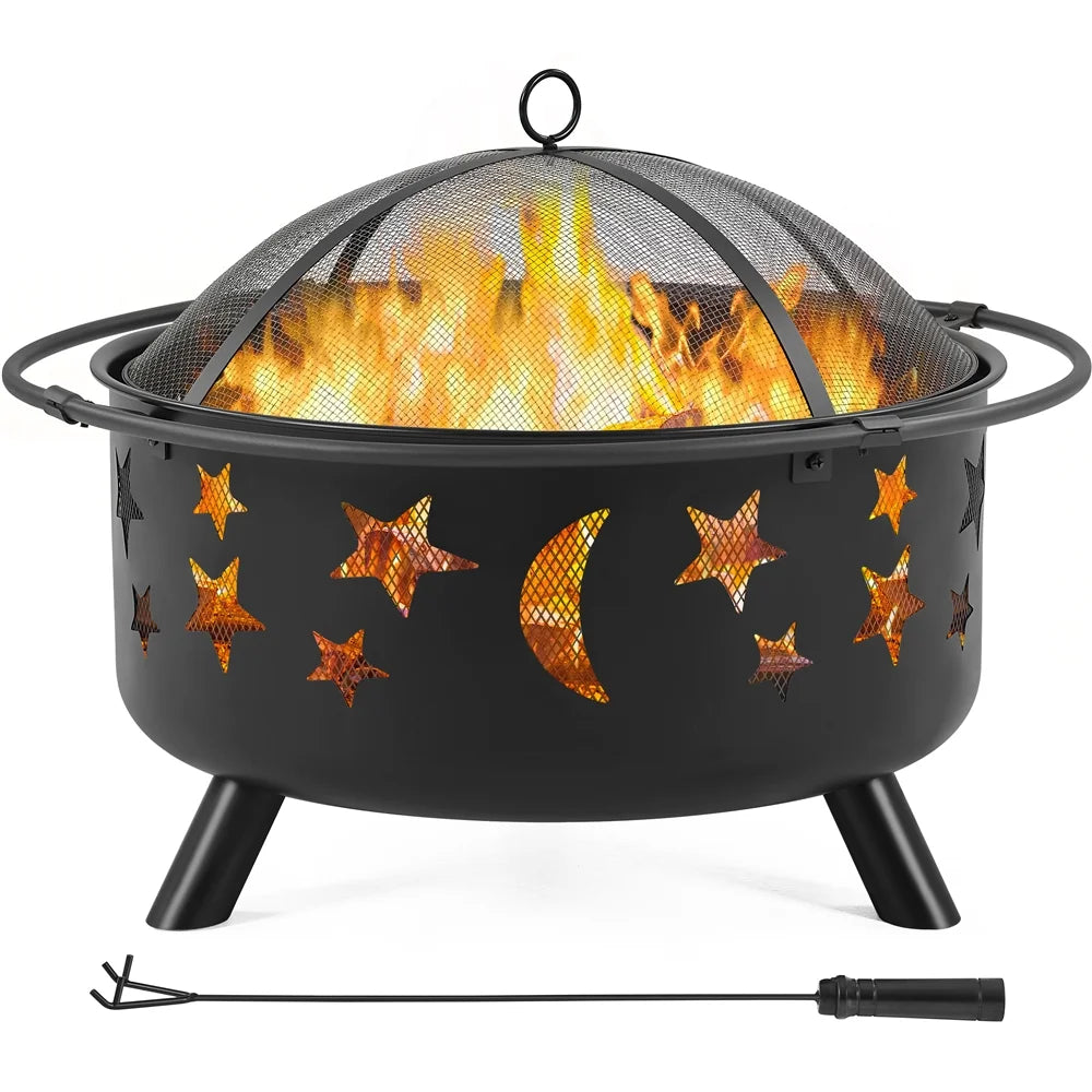 Black Iron Fire Pit with Poker Mesh Cover X9327