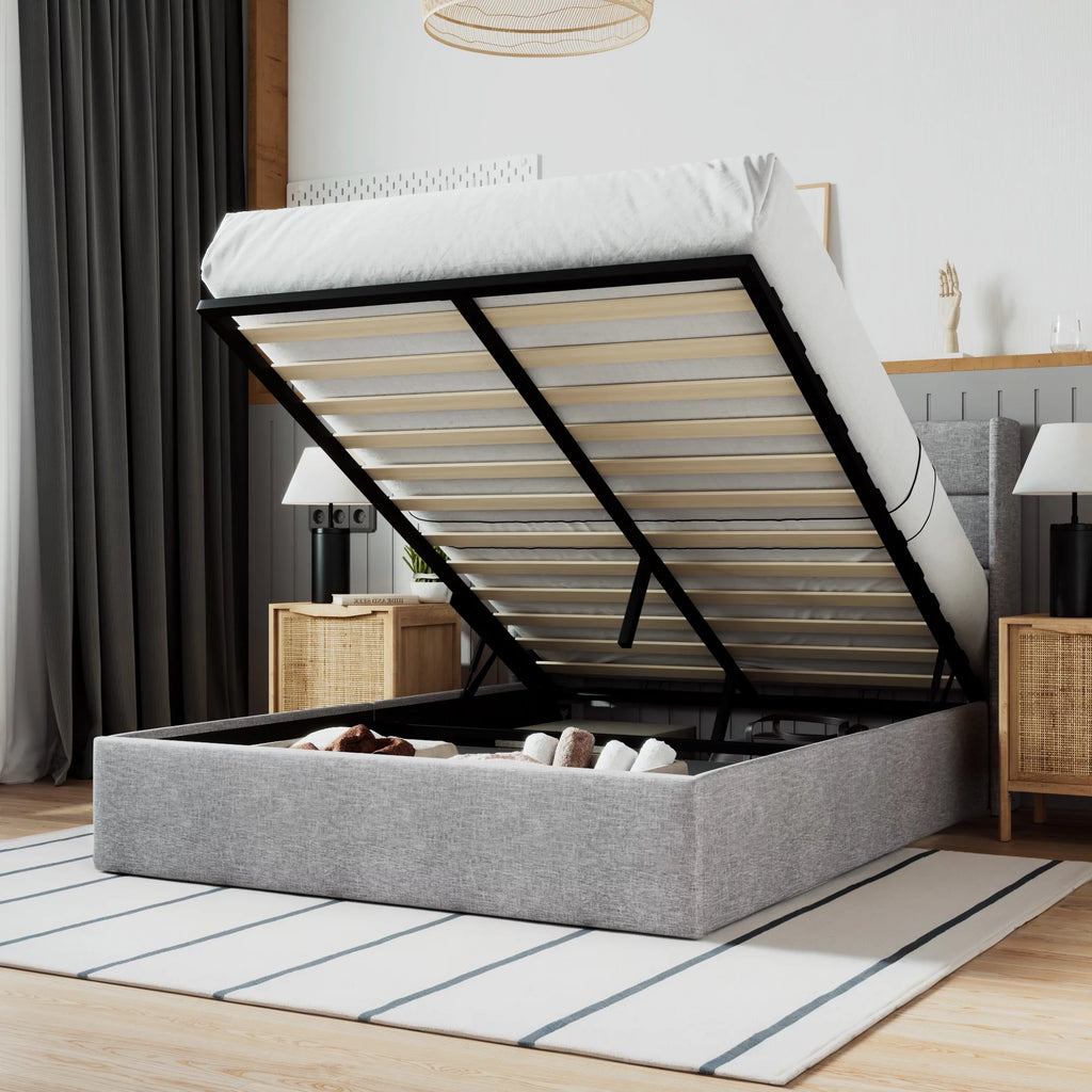 Beige Queen Size Lift Up Platform Bed Frame with Headboard N967