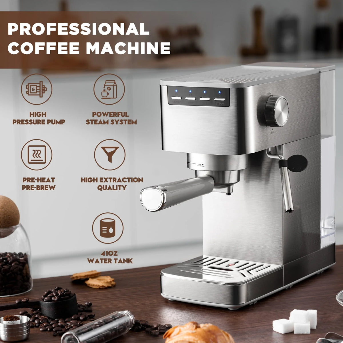 Espresso Machine with Milk Frother and 41 oz Water Tank X780