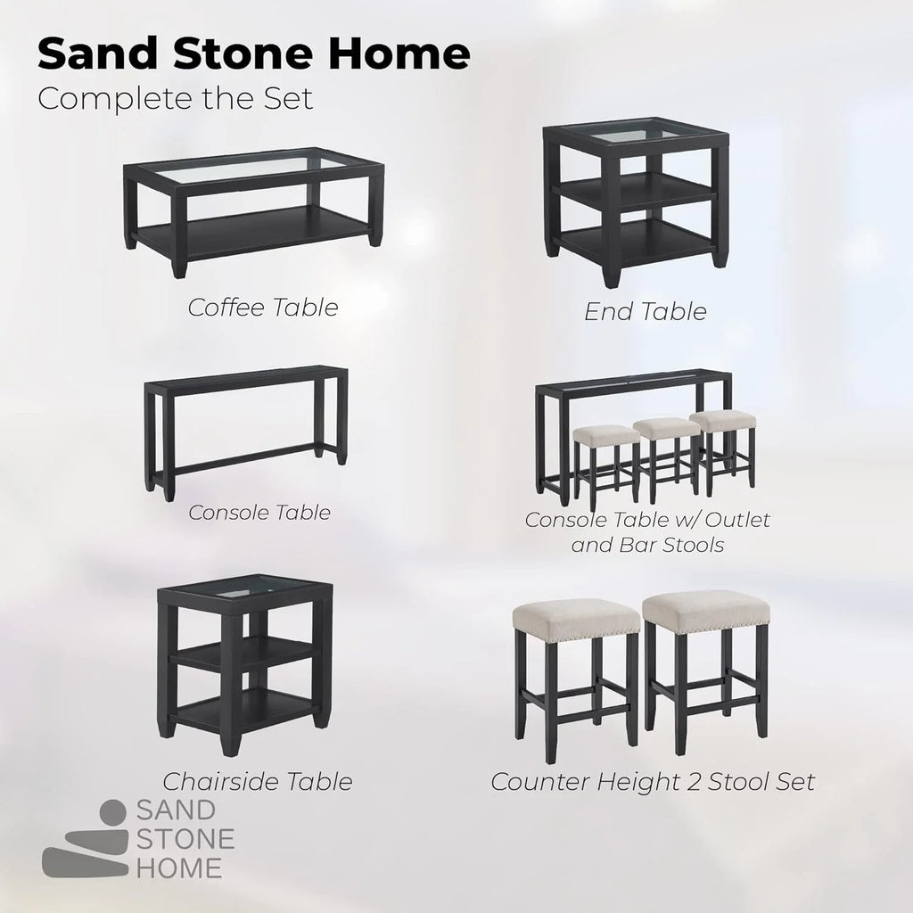 Black Glass Top Solid Wood End Table U235152