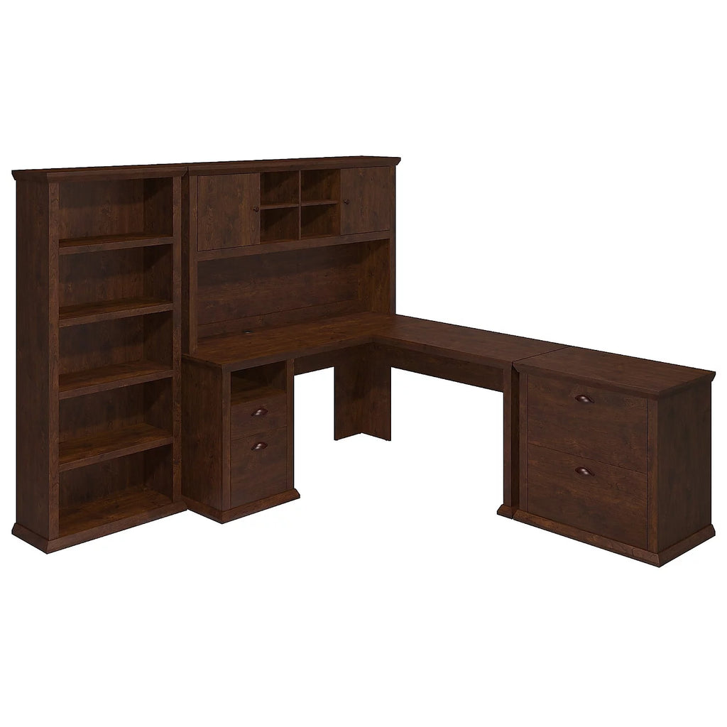 L Desk with Hutch File & Bookcase Antique Cherry Engineered Wood K829