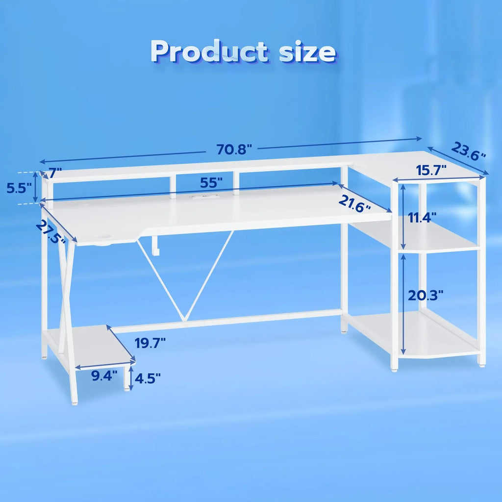 White Gaming Desk with LED Lights and Storage Shelves I49709