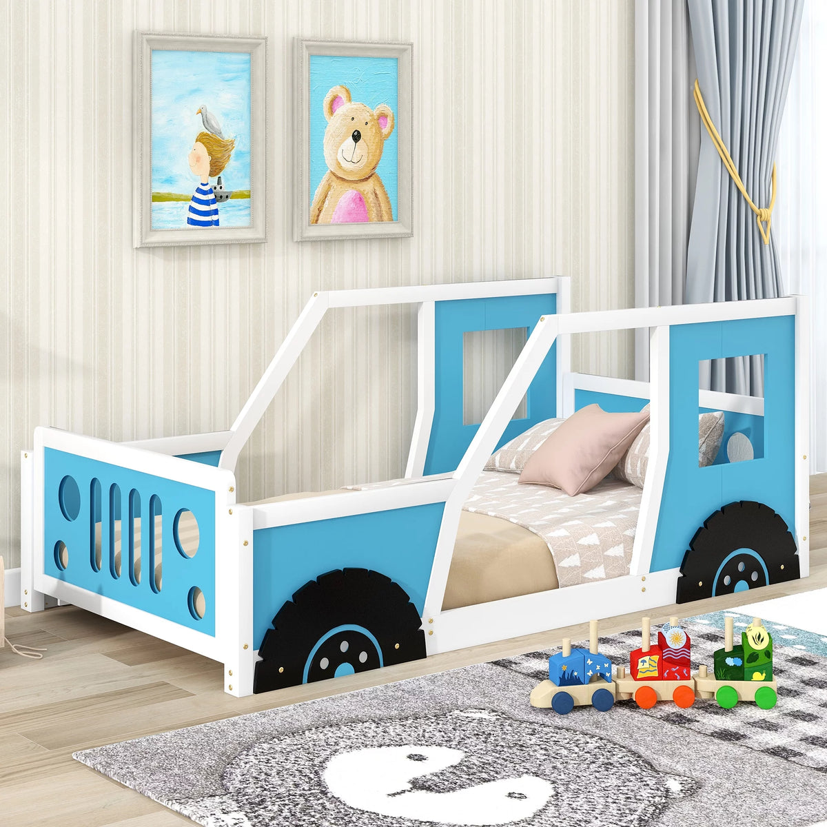 Twin Size Wood Platform Bed Frame with Wheels X5690