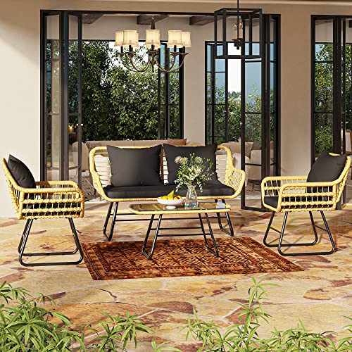 4-Piece Wicker Patio Bistro Set with Cushions and Metal Table N93614