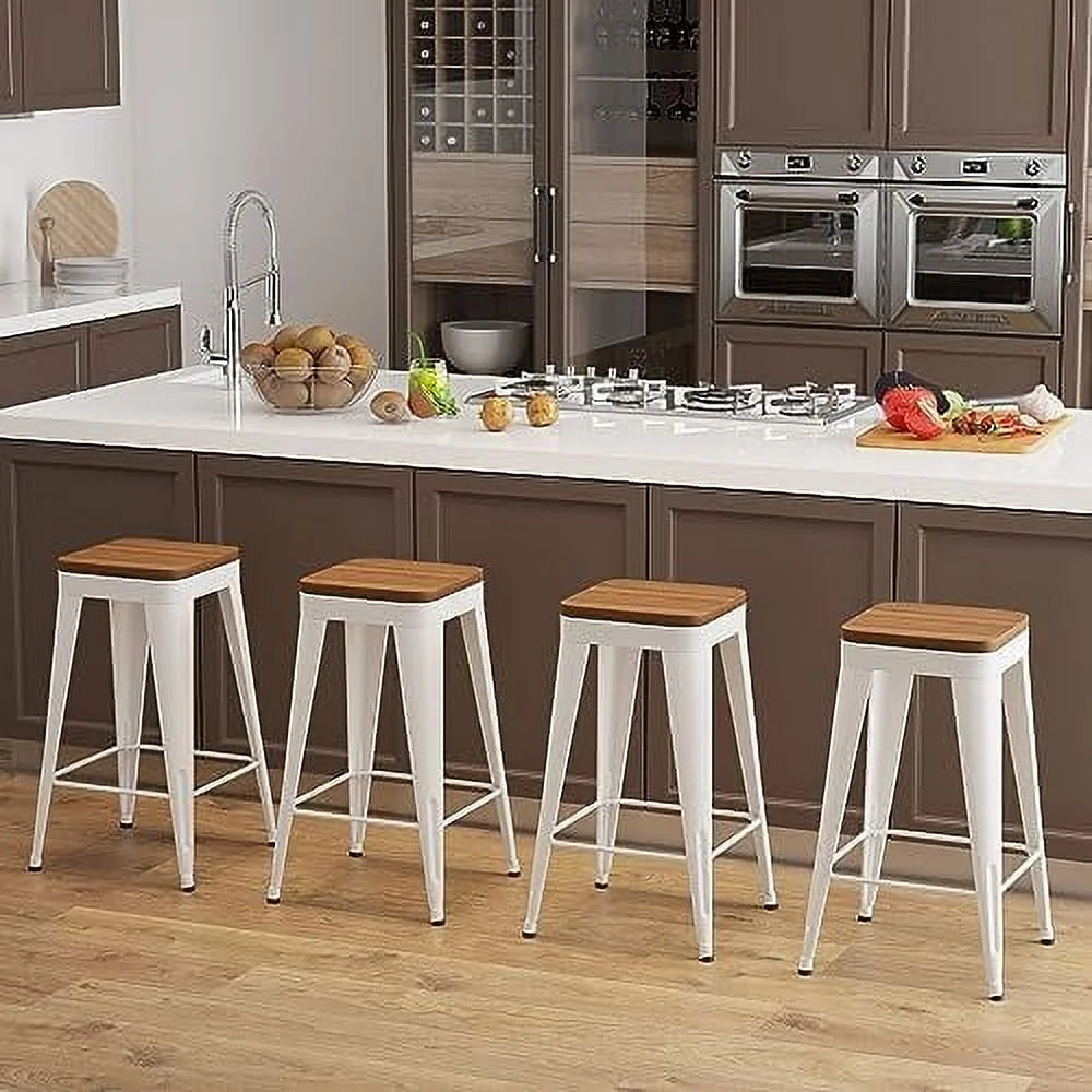 Set of 4 Metal Counter Height Stools with Back and Wooden Seat S402