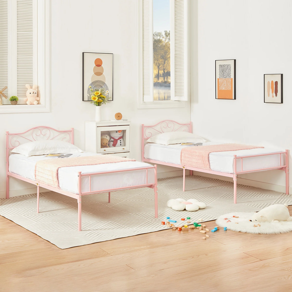 Set of 2 Twin Size White Metal Platform Bed Frame with Headboard O658035