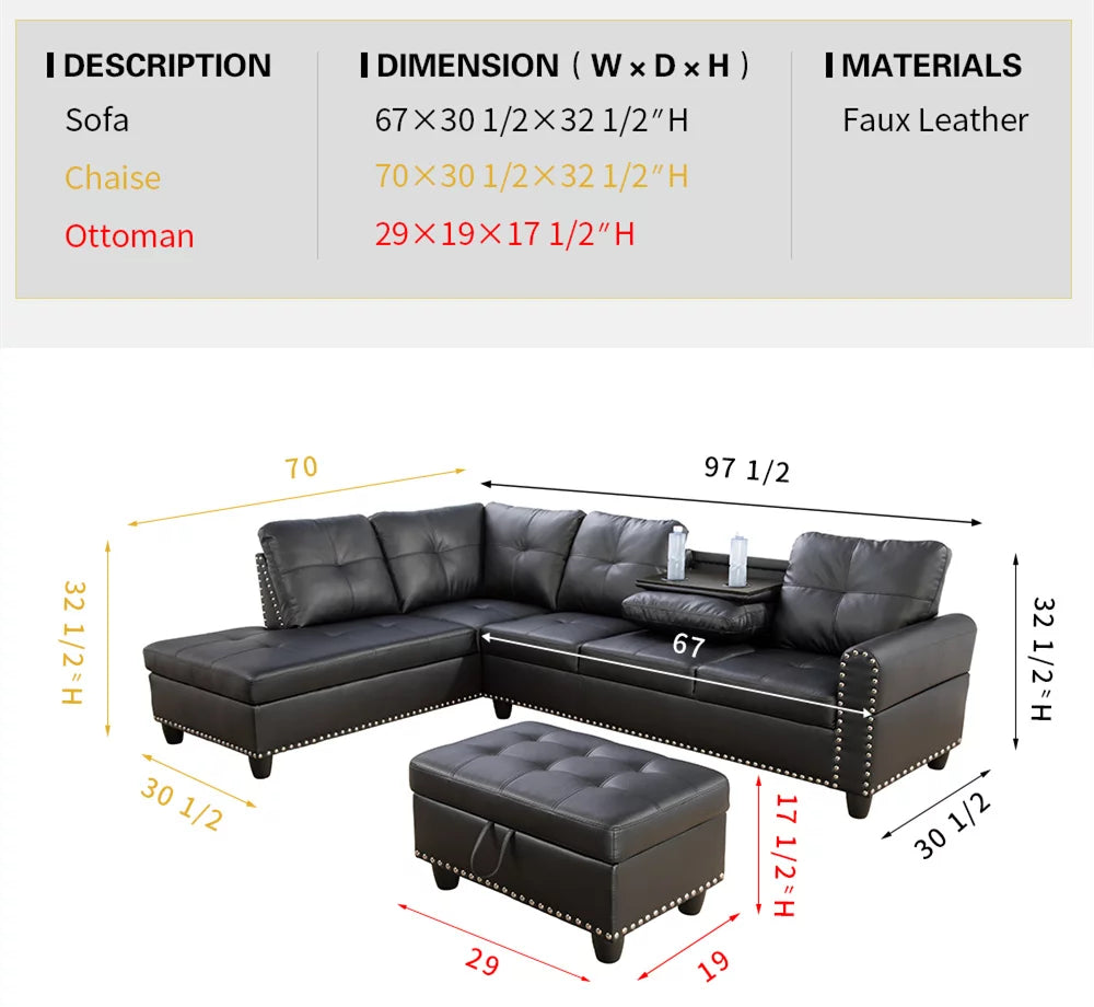 Black Leather Sectional Sofa with Storage Ottoman and Pillows X259