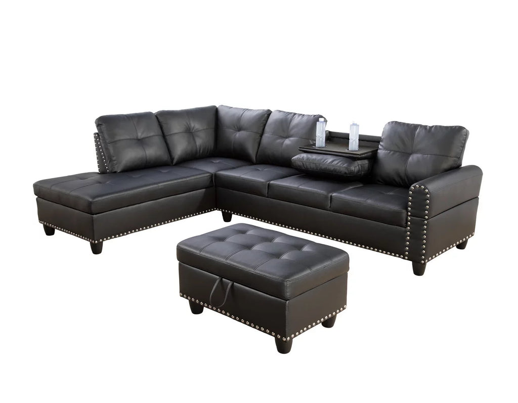 Black Leather Sectional Sofa with Storage Ottoman and Pillows X259