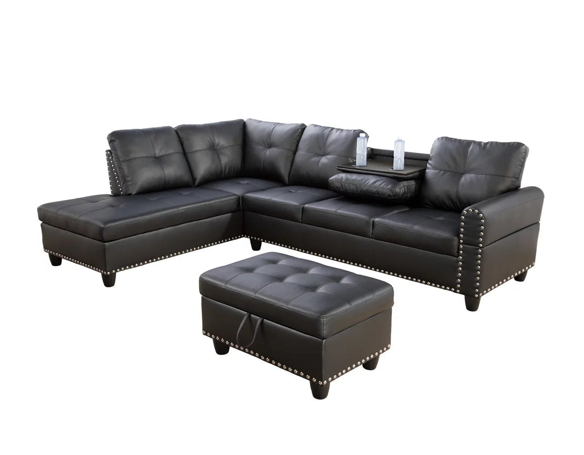 Black Leather Sectional Sofa with Storage Ottoman and Pillows X259