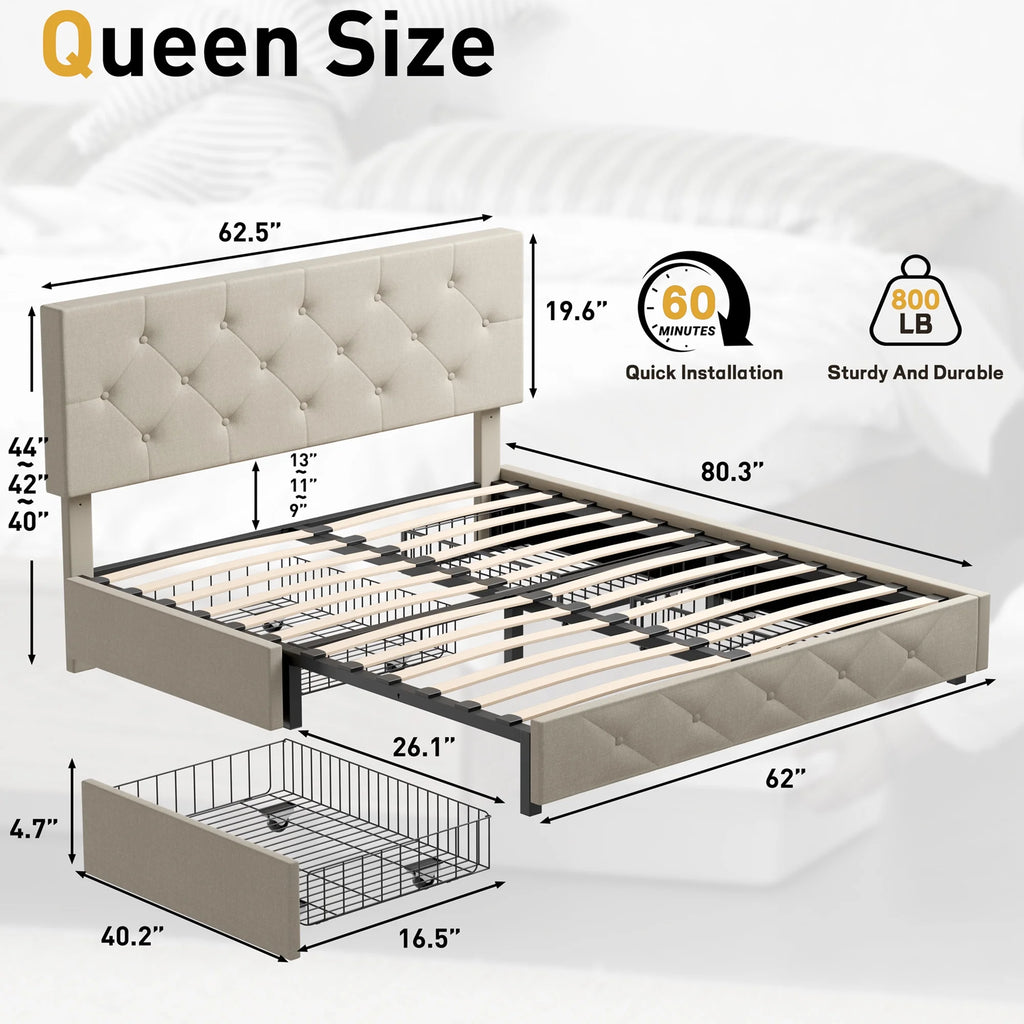 Queen Size Upholstered Storage Bed Frame with 4 Drawers C390907