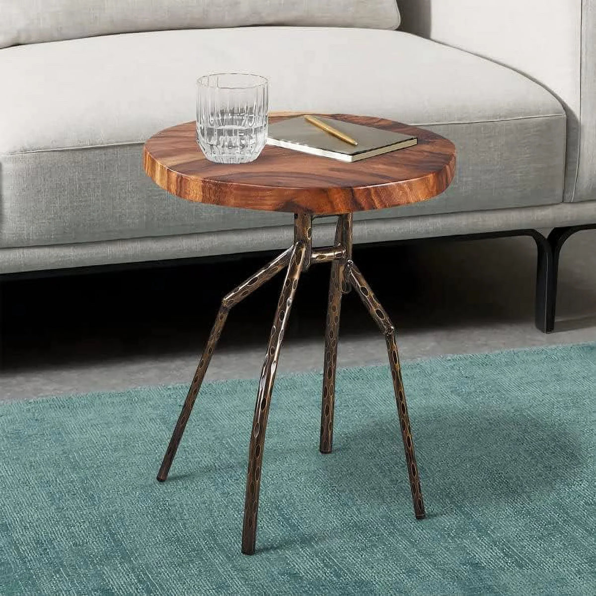 Solid Wood Round End Table with Metal Leg J6931