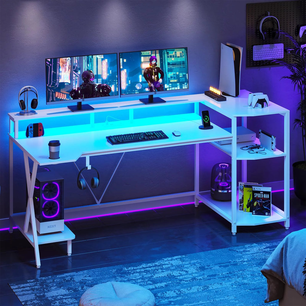 White Gaming Desk with LED Lights and Storage Shelves I49709