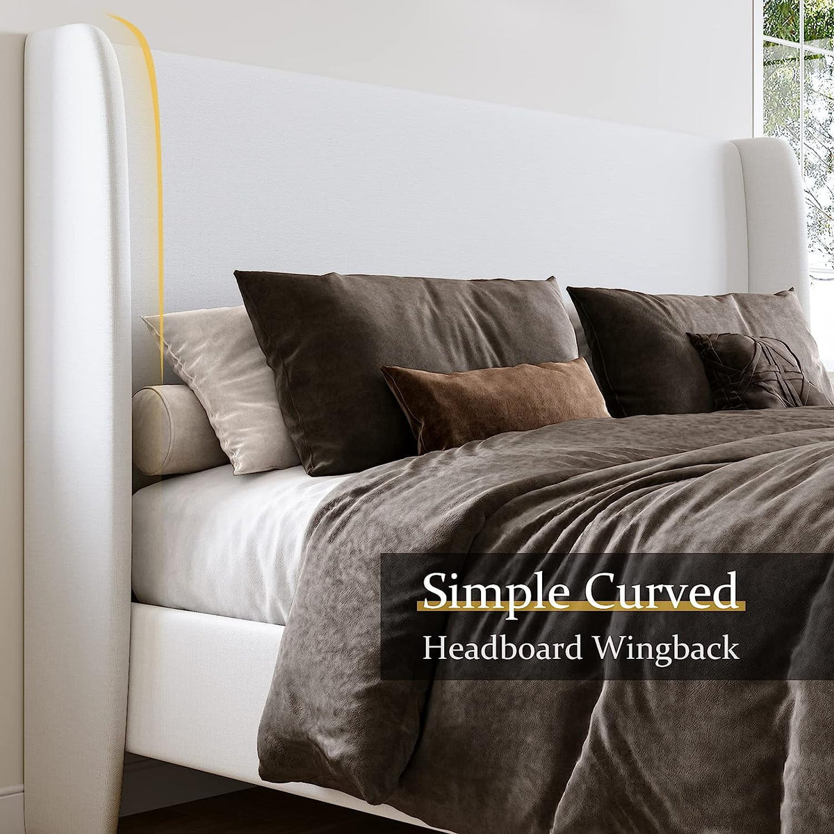 King Size White Linen Upholstered Platform Bed with Wingback Headboard Z402