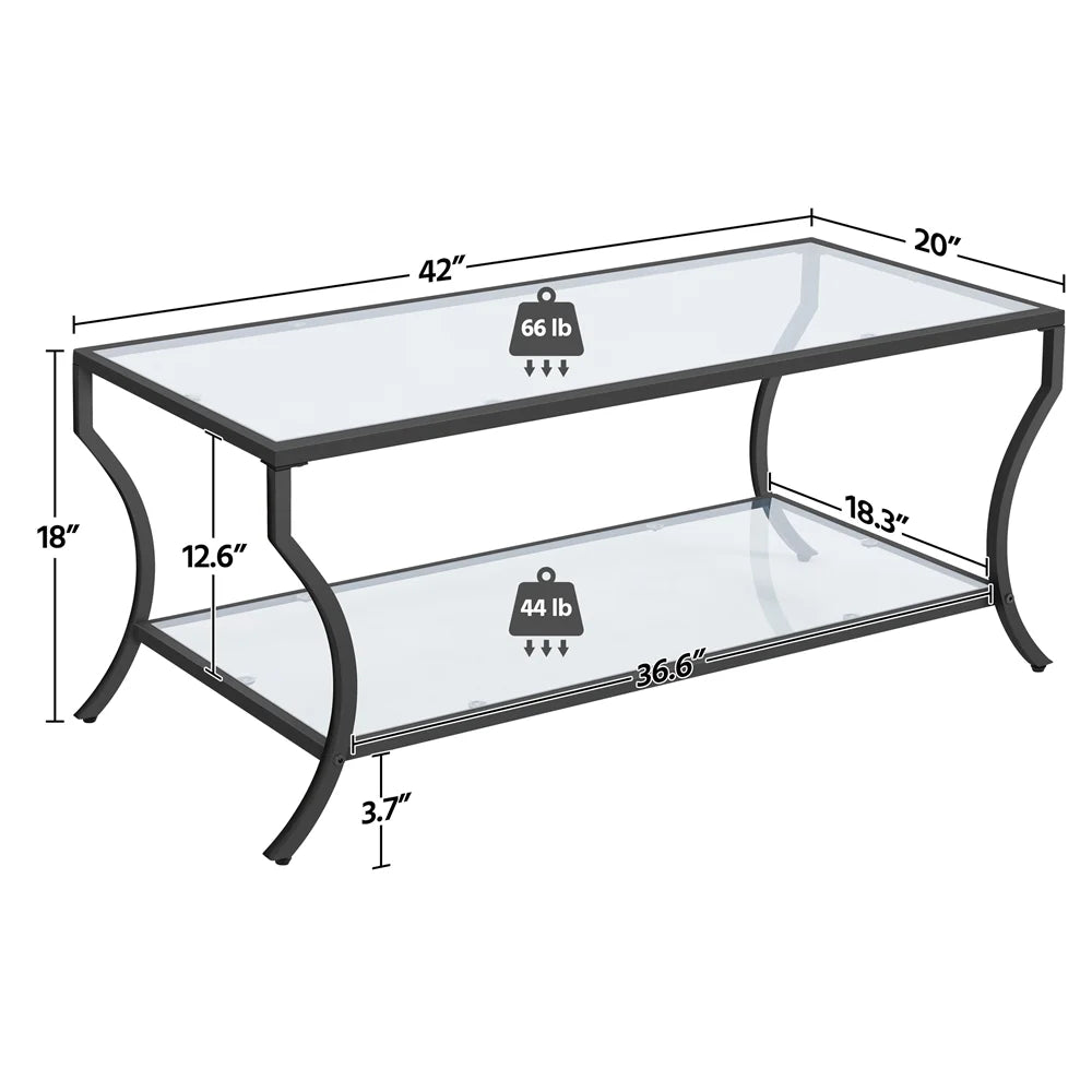 Black 2-tier Tempered Glass Coffee Table with Iron Frame C137