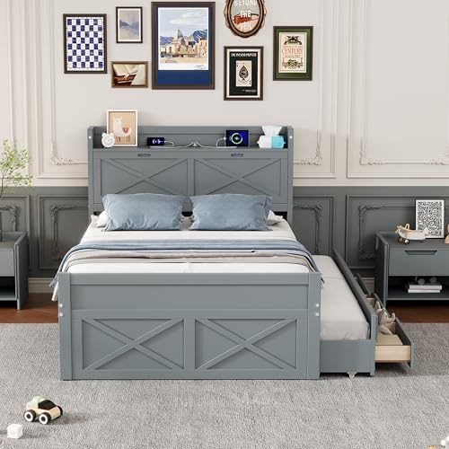 White Wood Twin Bed Frame with Bookcase Headboard and Storage Drawers Q14835