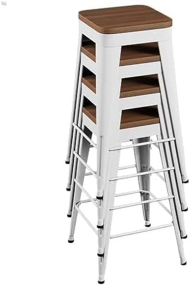 Set of 4 Metal Counter Height Stools with Back and Wooden Seat S402
