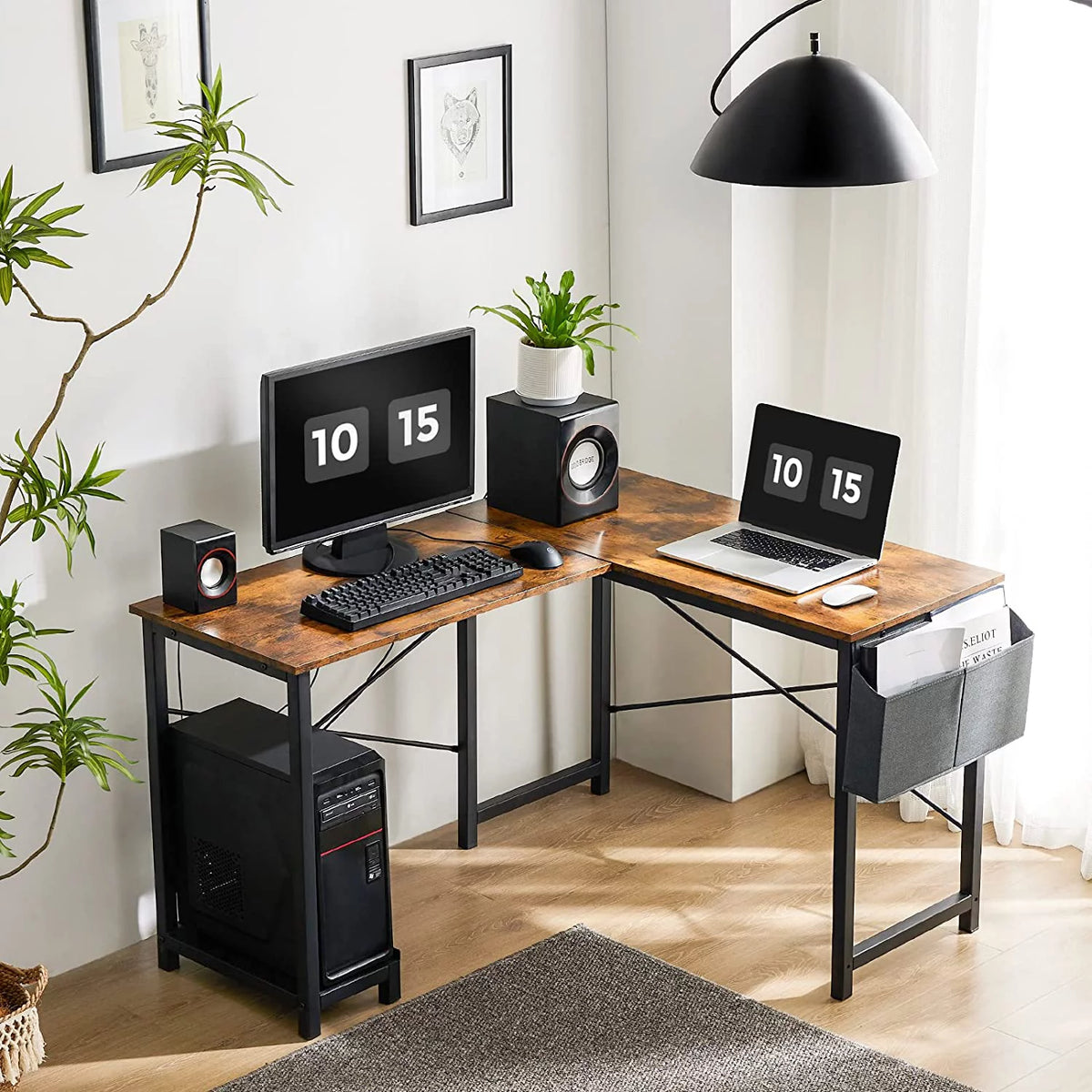 L Shaped 49 Inch Computer Desk with Storage Bag CPU Stand Rustic Brown B4109