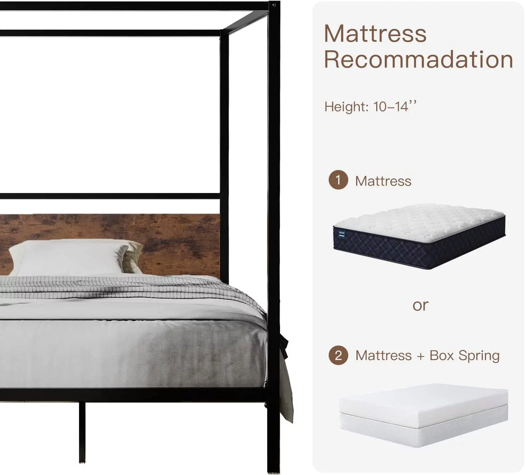 Queen Size Metal Canopy Bed Frame with Wooden Headboard L21135